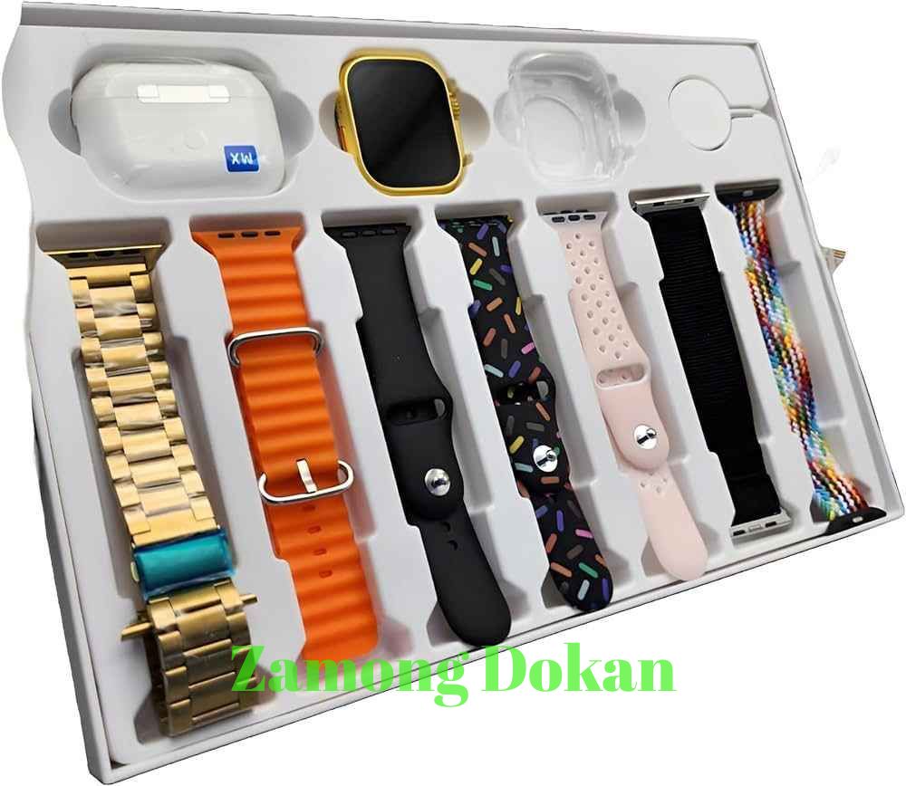 I20 Ultra Max Suit In Gold Edition Ultra 49MM Big Display Smart Watch + 7 Straps + Airpods Pro 2 + 49mm Jelly Watch Case All In One Box