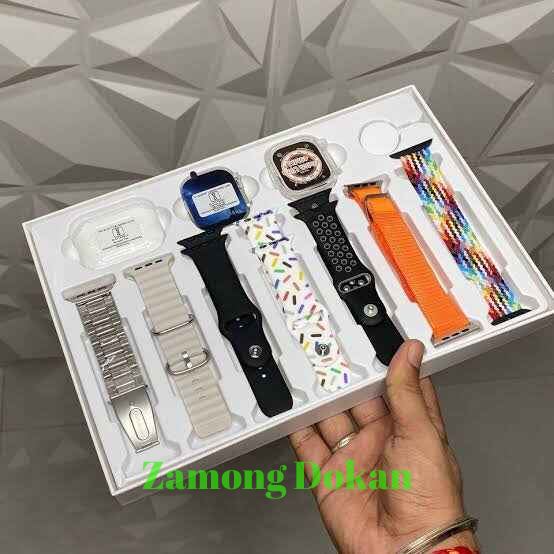 I20 Ultra Max Suit In Gold Edition Ultra 49MM Big Display Smart Watch + 7 Straps + Airpods Pro 2 + 49mm Jelly Watch Case All In One Box