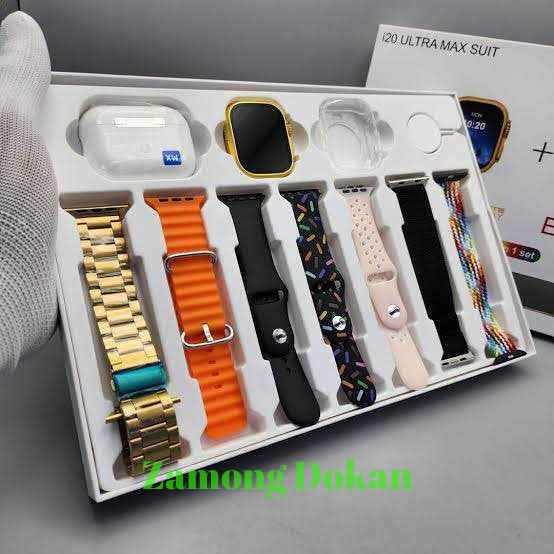 I20 Ultra Max Suit In Gold Edition Ultra 49MM Big Display Smart Watch + 7 Straps + Airpods Pro 2 + 49mm Jelly Watch Case All In One Box