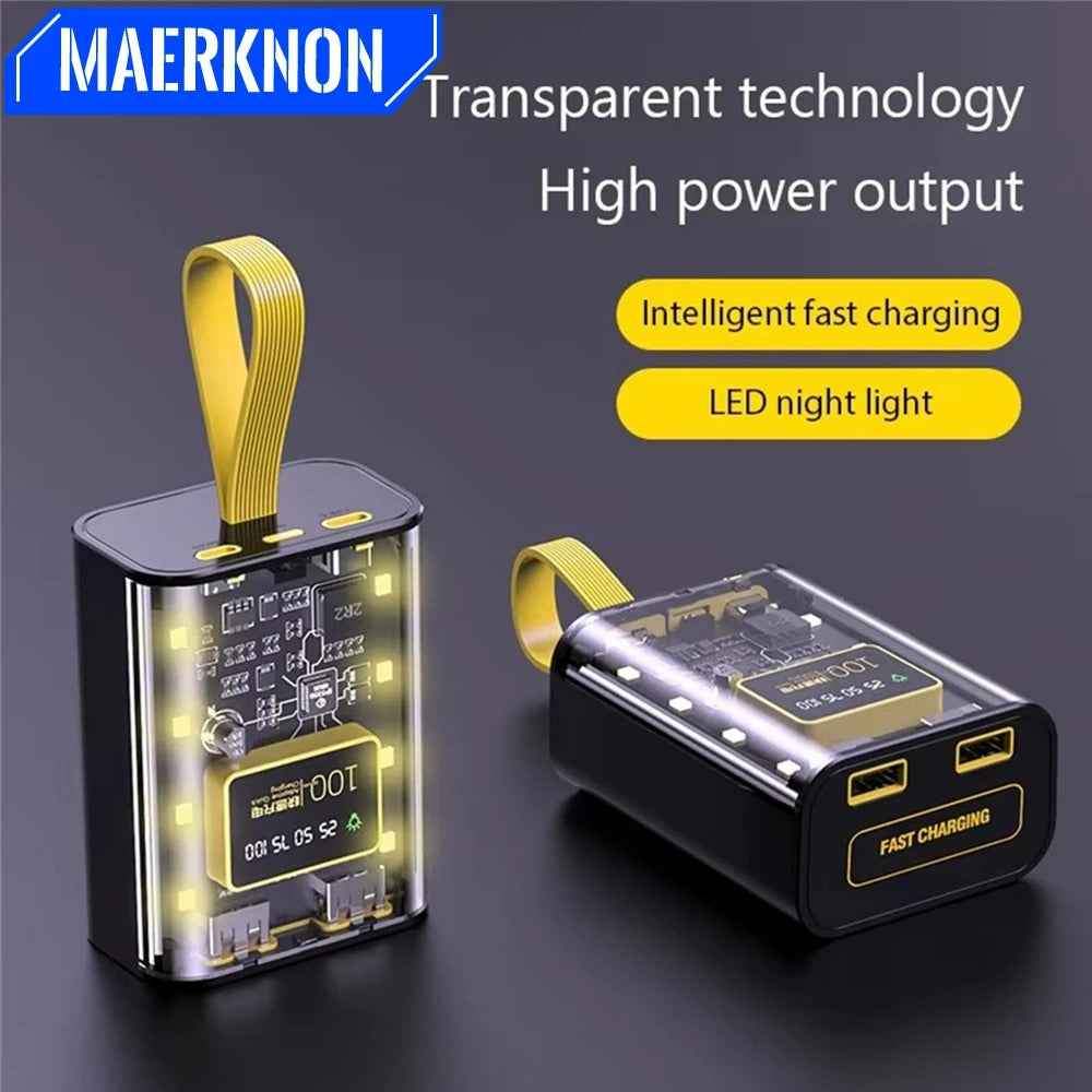 Transparent Power Bank 20000mAh with Cable LED Light Digital Display Powerbank for iPhone 15 Samsung S24 Huawei Xiaomi