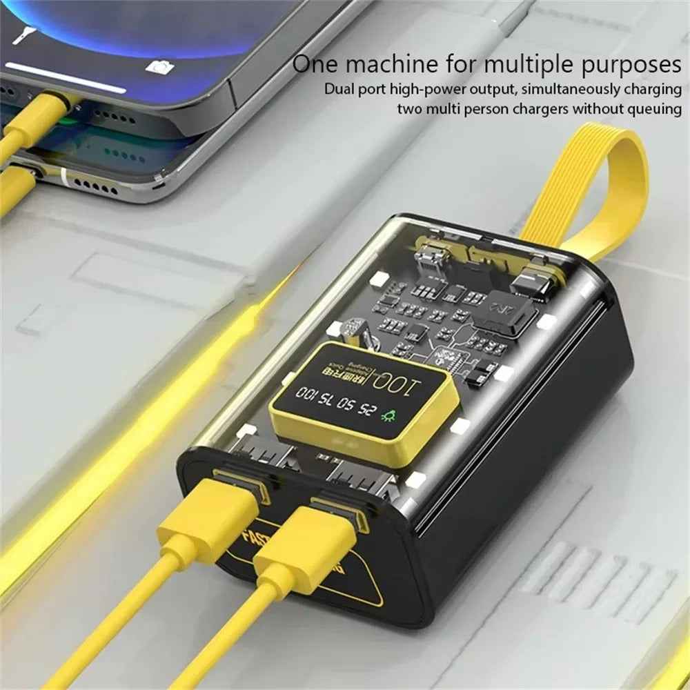 Transparent Power Bank 20000mAh with Cable LED Light Digital Display Powerbank for iPhone 15 Samsung S24 Huawei Xiaomi