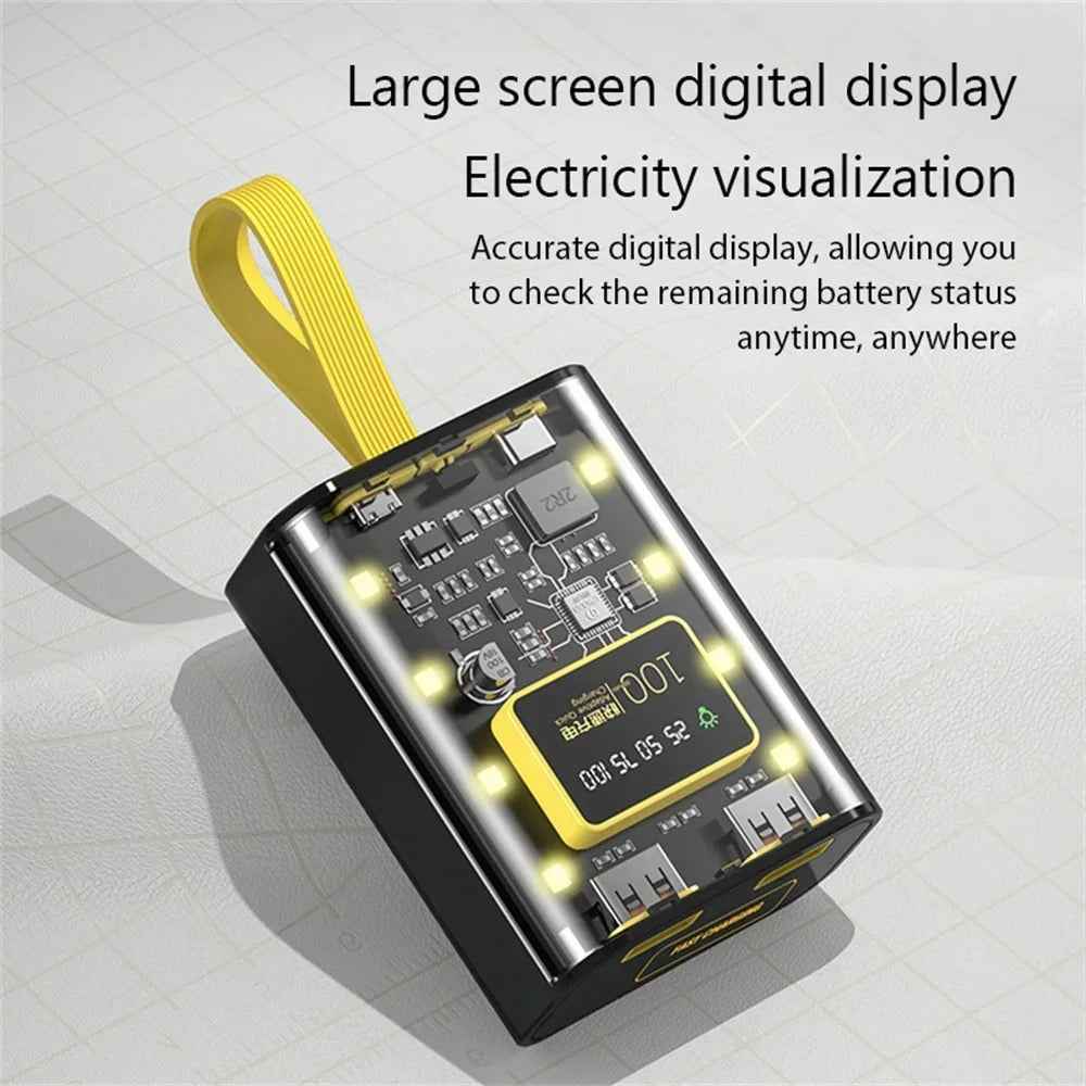 Transparent Power Bank 20000mAh with Cable LED Light Digital Display Powerbank for iPhone 15 Samsung S24 Huawei Xiaomi