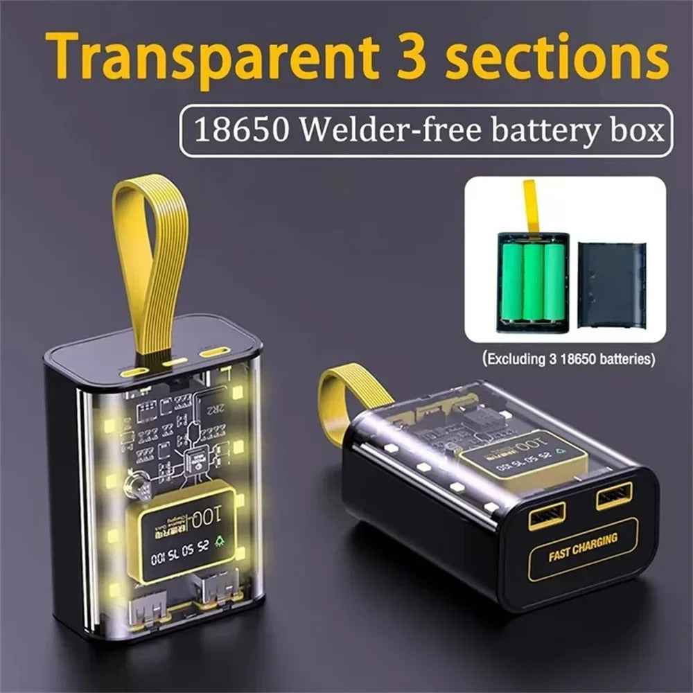 Transparent Power Bank 20000mAh with Cable LED Light Digital Display Powerbank for iPhone 15 Samsung S24 Huawei Xiaomi